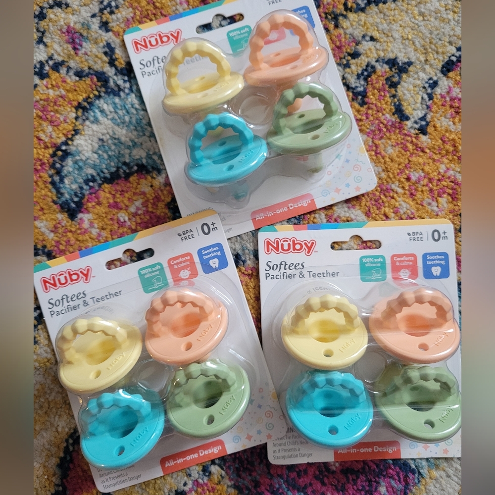 Nuby Softies Pacifier & Teether (3 Pack) - Multicolor & More Bundle Set